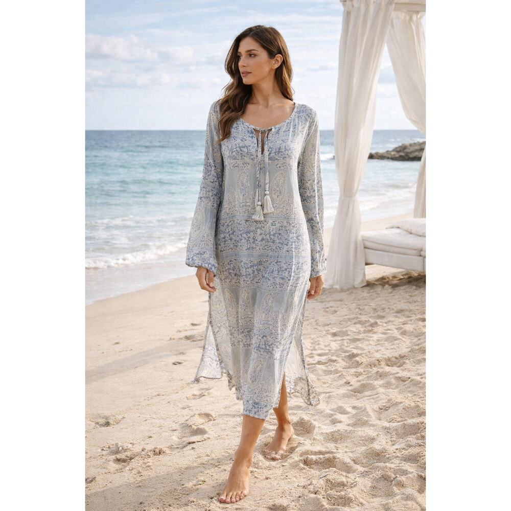 Calypso Silk Blend Tunic Long Sleeve Paisley SZM Coverup Boho Resort Vacation